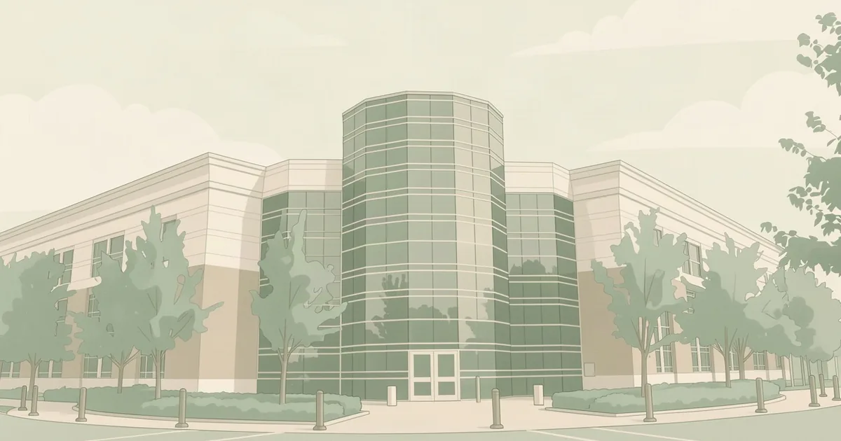 A two-story civic building with a curved glass central entrance and flanking windowed wings, framed by stylized trees and a quiet parking lot in faded sage and cream tones.
