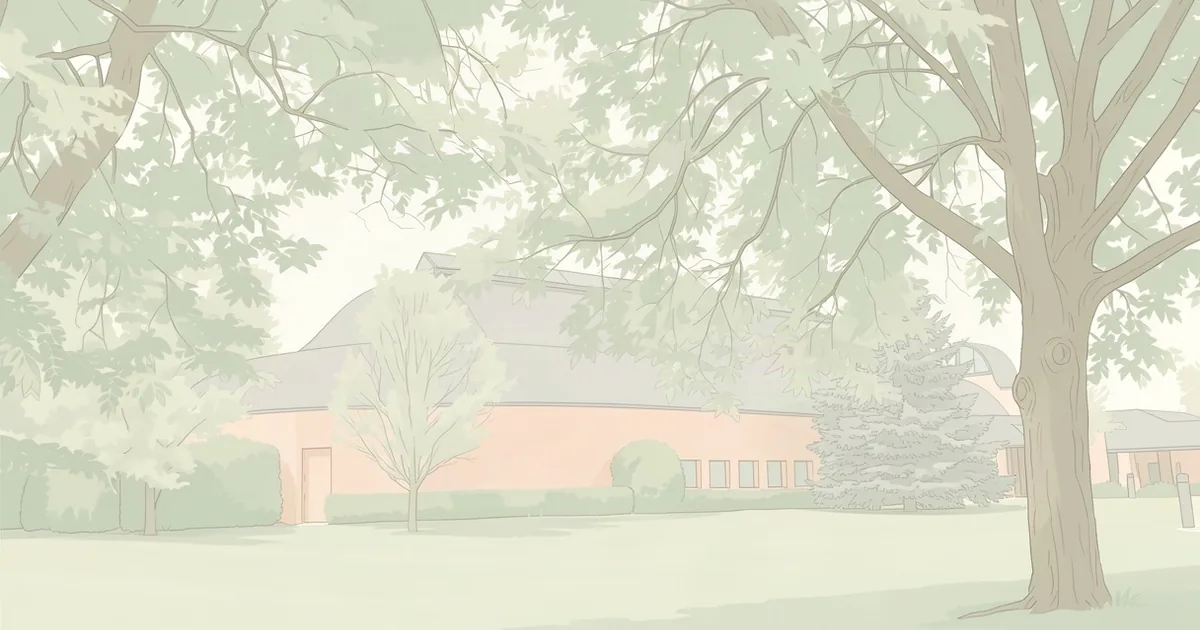 A single-story community building with a curved gray roof and peach walls, seen across an open lawn through framing trees in soft pastel tones.