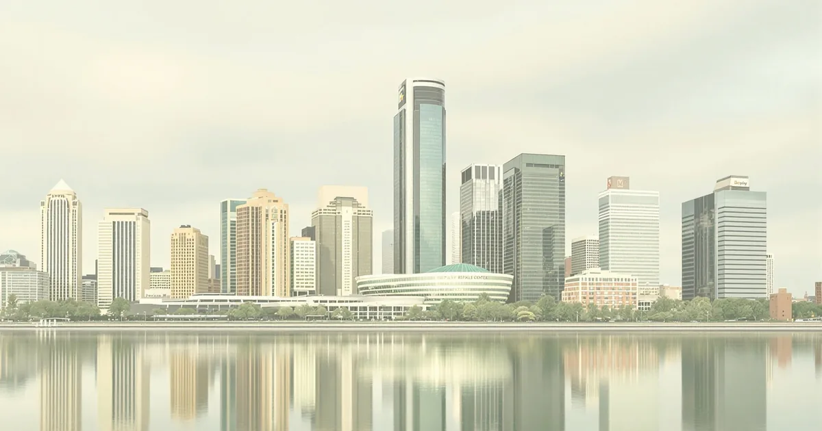 Detroit Renaissance Center skyline in cream and sage tones, seen across the river with its reflection.