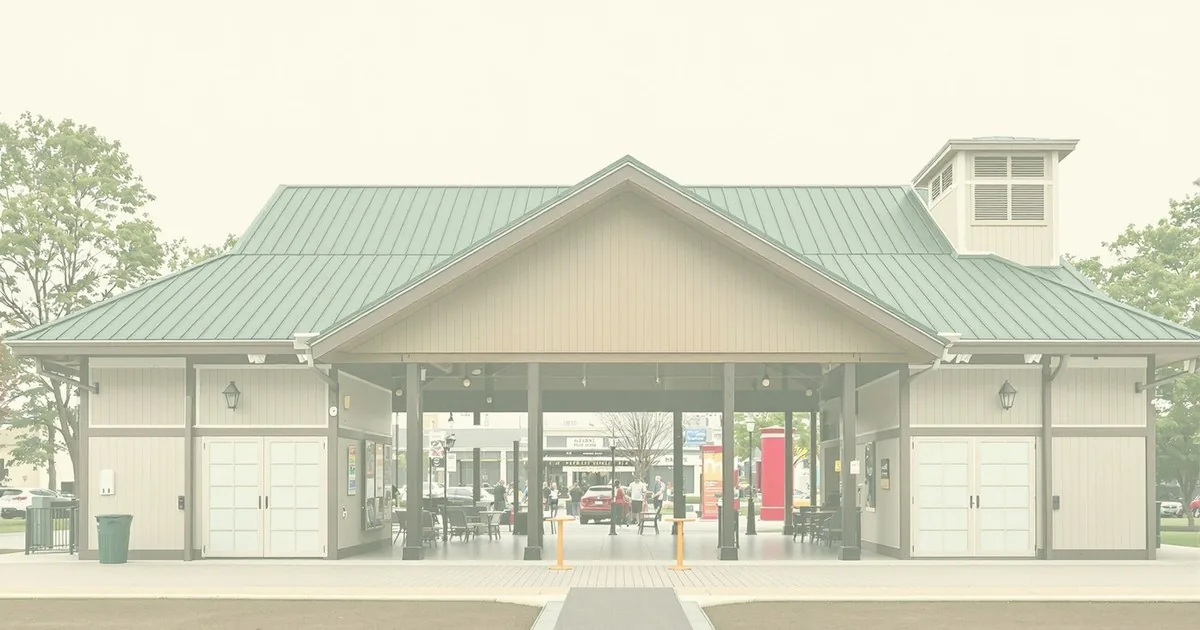 Downtown Farmington's open-front pavilion with a green gable roof and cupola, seen from the plaza in cream tones.