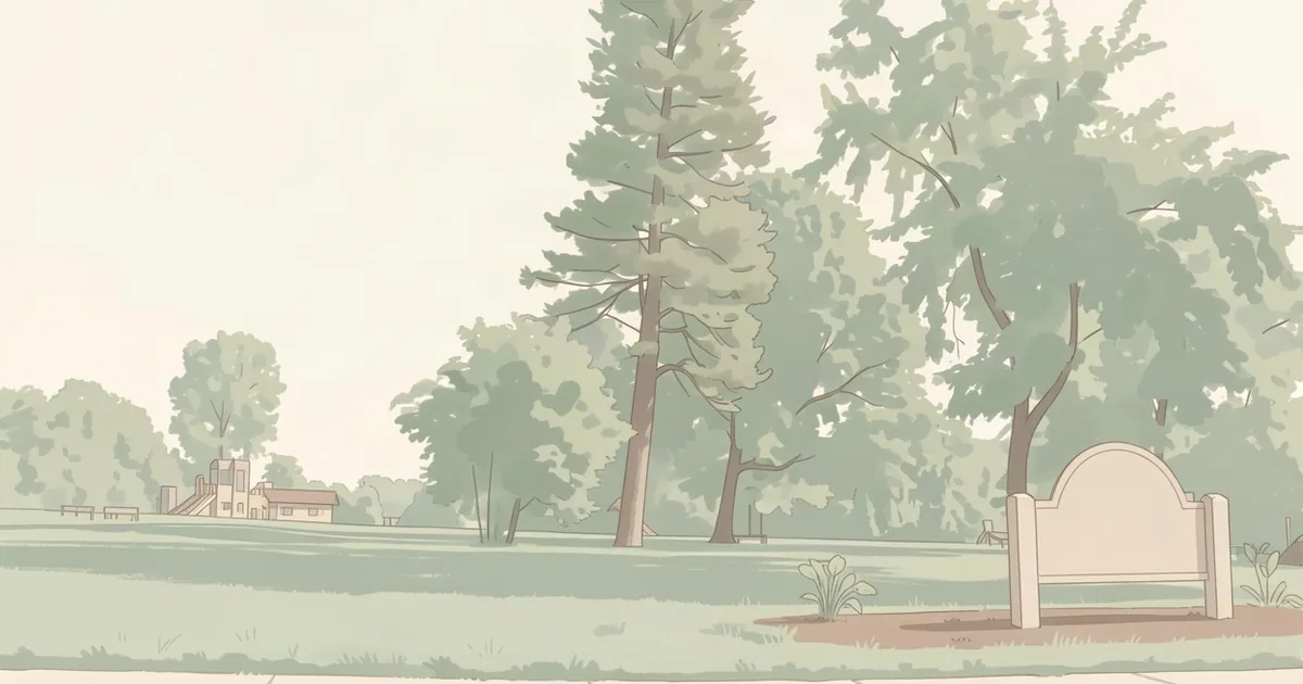 A quiet park scene with a pale path, tall trees, a blank arched sign panel, and low buildings on the horizon in muted greens and creams.