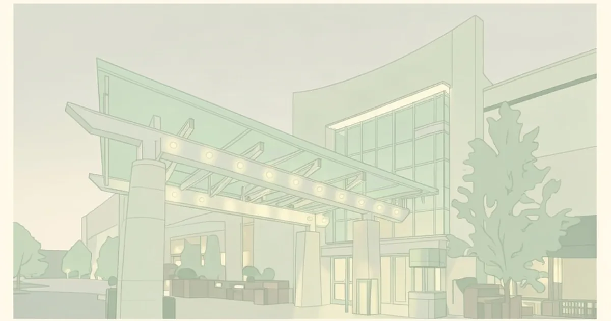 Twelve Oaks' entrance canopy lit with round downlights before a glass facade, with an oak tree at the side, in faded mint and cream tones.