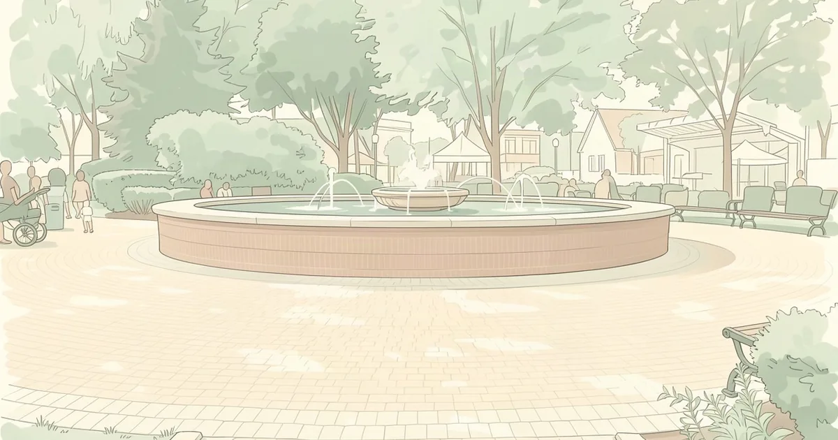 A circular fountain in a brick-paved downtown plaza ringed by trees, benches, and low storefronts in soft pastel tones.