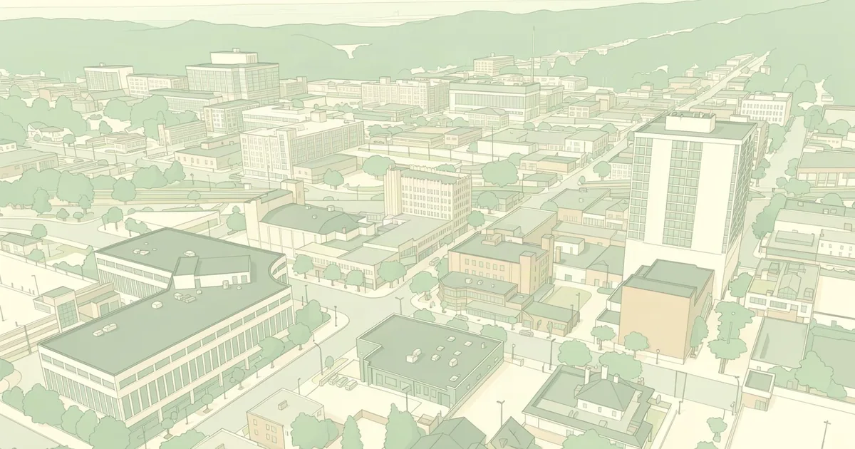An aerial view of a small downtown of low-rise blocks and tree-lined streets, led by a tall tower, in muted sage and cream tones.