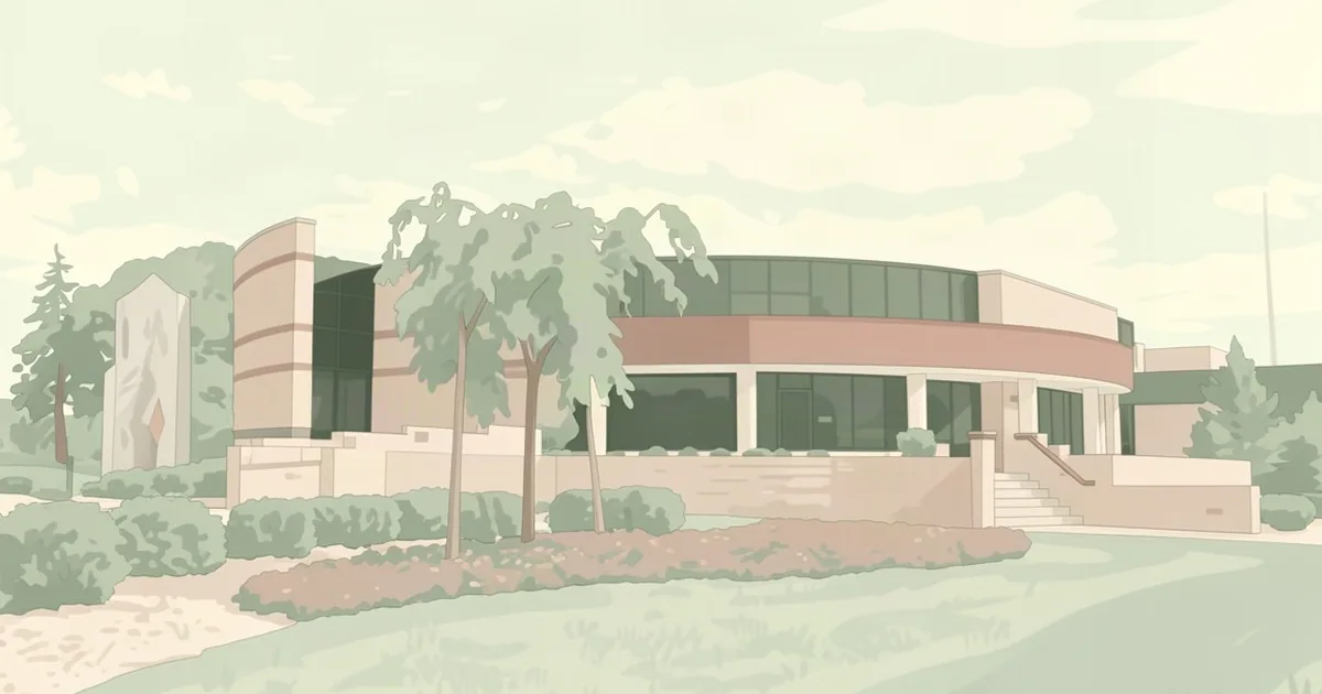 A low, curved modernist building with bands of dark windows and a reddish fascia, fronted by slender trees, shrubs, and a tall pylon in flat pastel tones.
