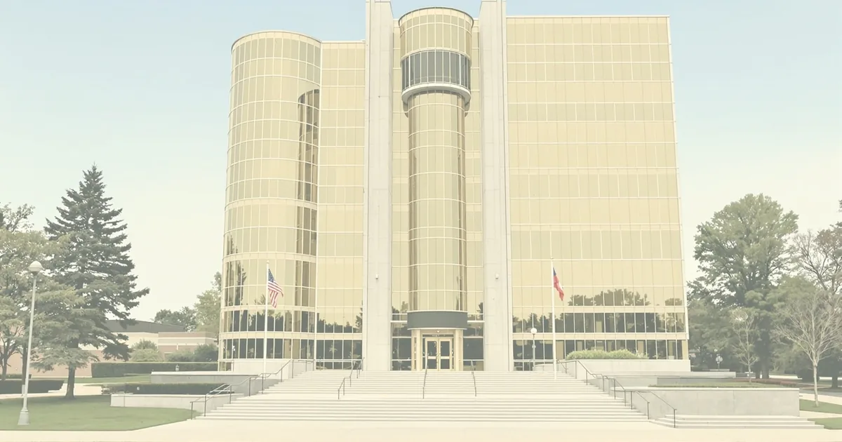 Troy's golden-glass civic building with twin glass rotundas, front steps, and flagpoles, faded to cream tones.