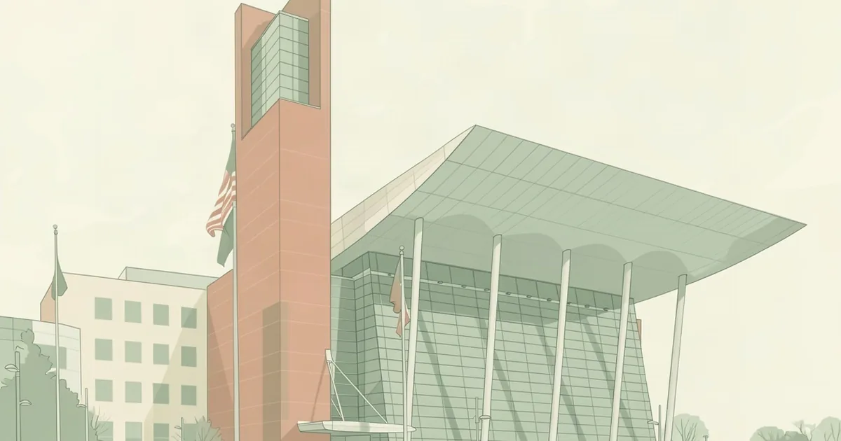 A terracotta tower beside a glass pavilion under a broad cantilevered canopy, with flagpoles and an open plaza in a faded vintage-print palette.