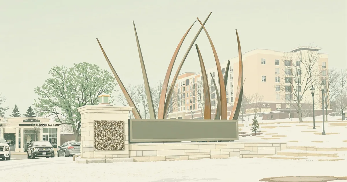 A winter entrance monument with a blank sign panel and curved metal blade sculpture at a West Bloomfield complex.