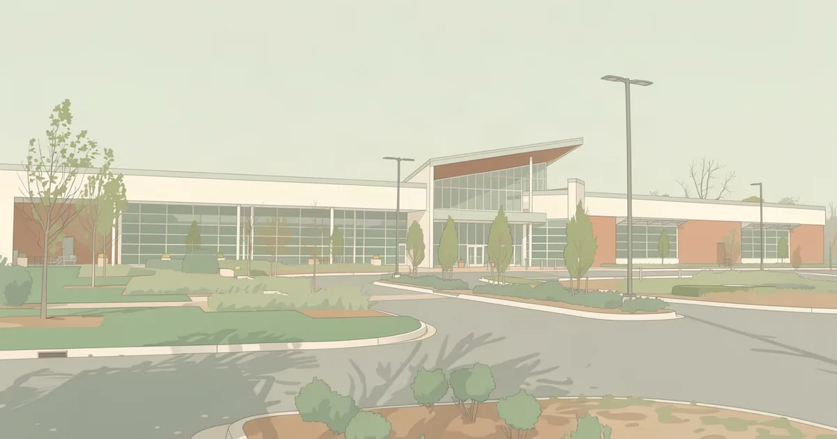 A single-story suburban civic building with an angled glass entrance canopy, seen across an empty landscaped parking lot in muted pastel tones.