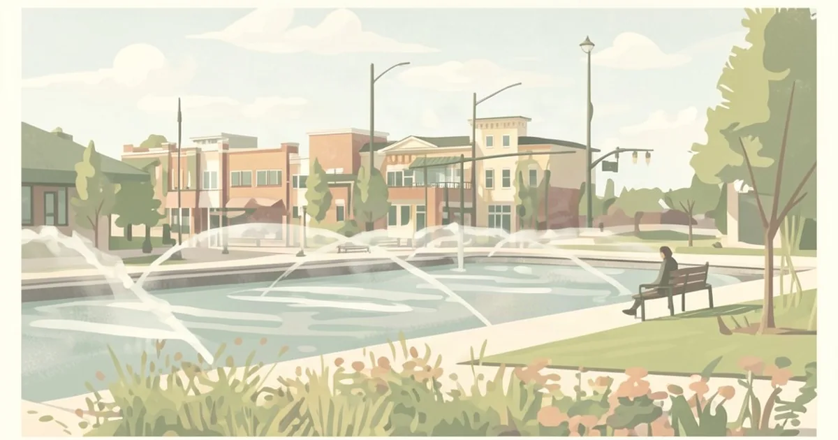 A downtown plaza fountain with arcing jets and a bench beside it, backed by a row of low-rise storefronts in soft pastel tones.